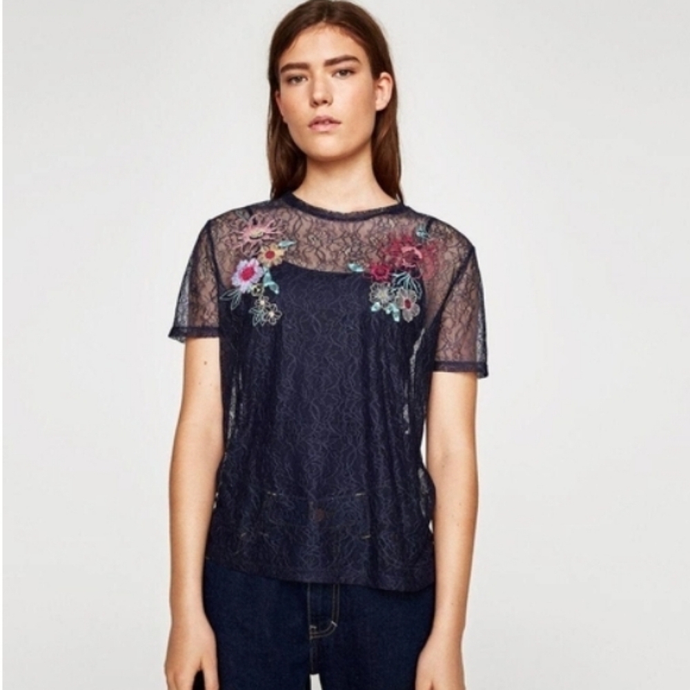 Zara Sheer Embroidered Floral Lace Top Navy Blue - Picture 3 of 8